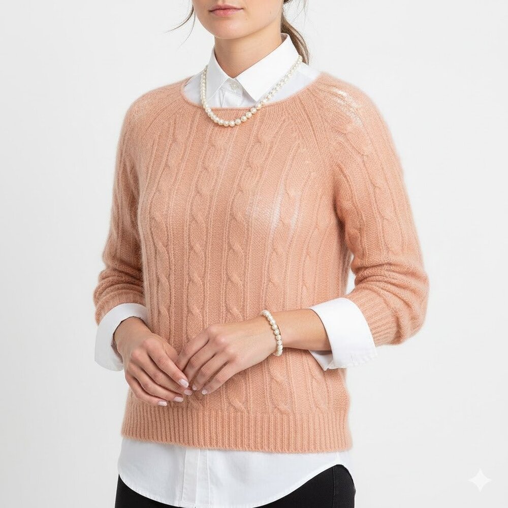 J. Crew Cable Knit Mohair Blend Sweater Blush Pink Medium Sheer Soft Preppy